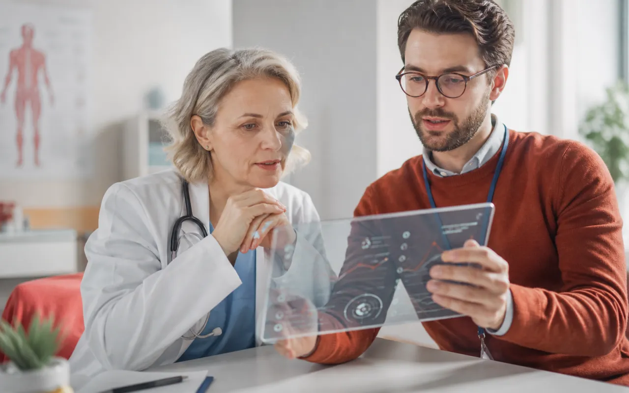 A clinician and researcher reviewing an AI dashboard together