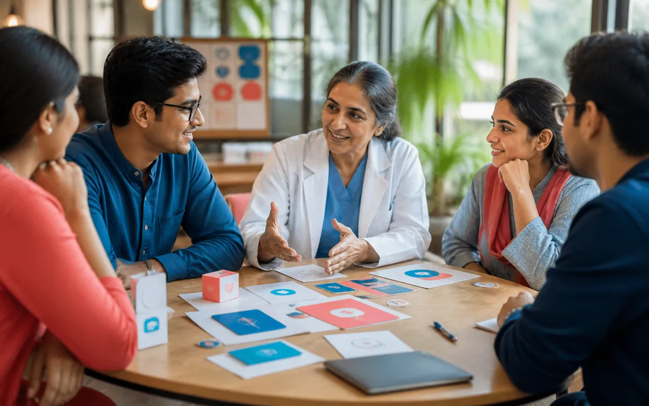 Students and a clinician discussing healthcare innovation