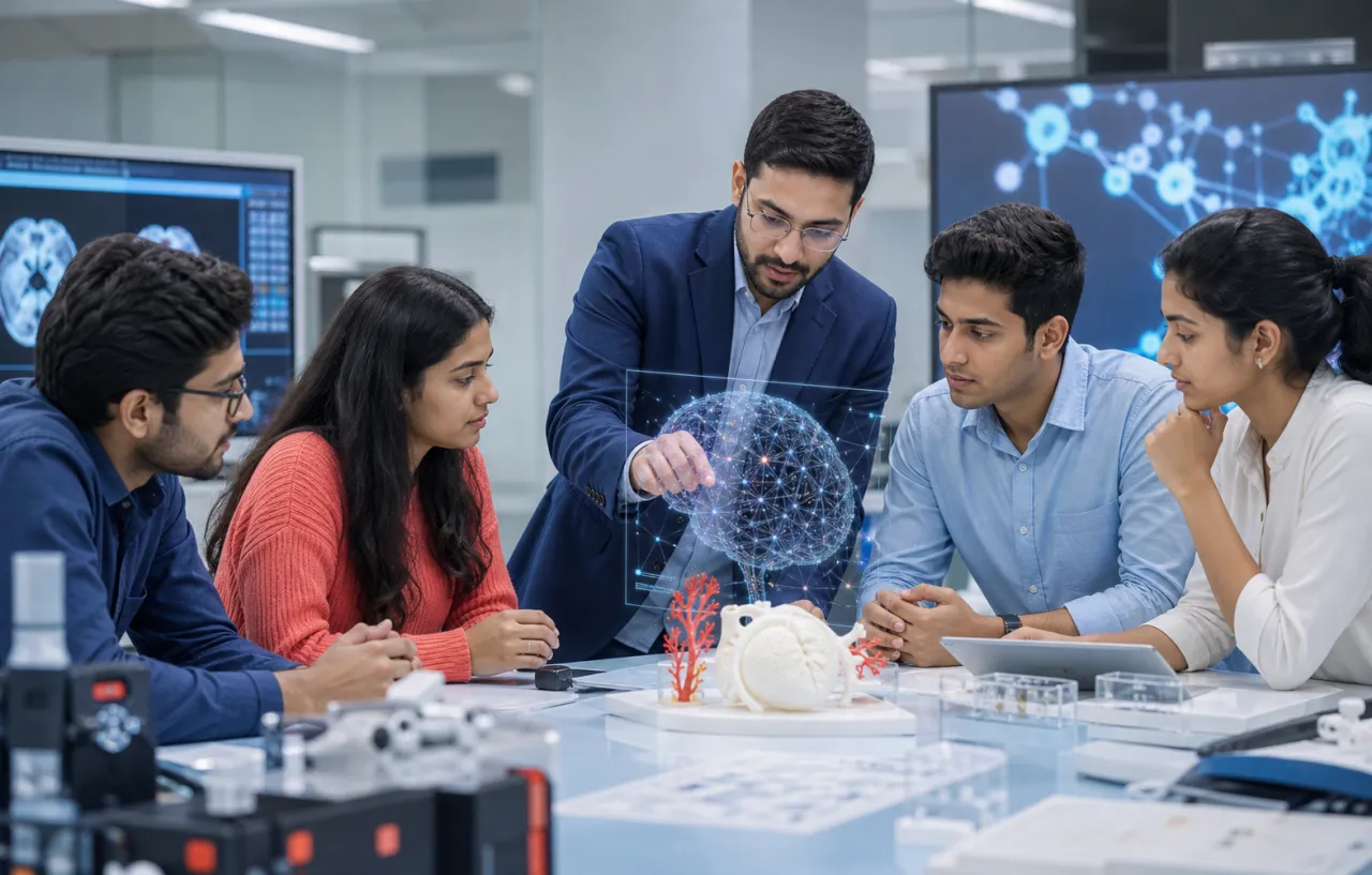 Students collaborating in a healthcare AI innovation lab